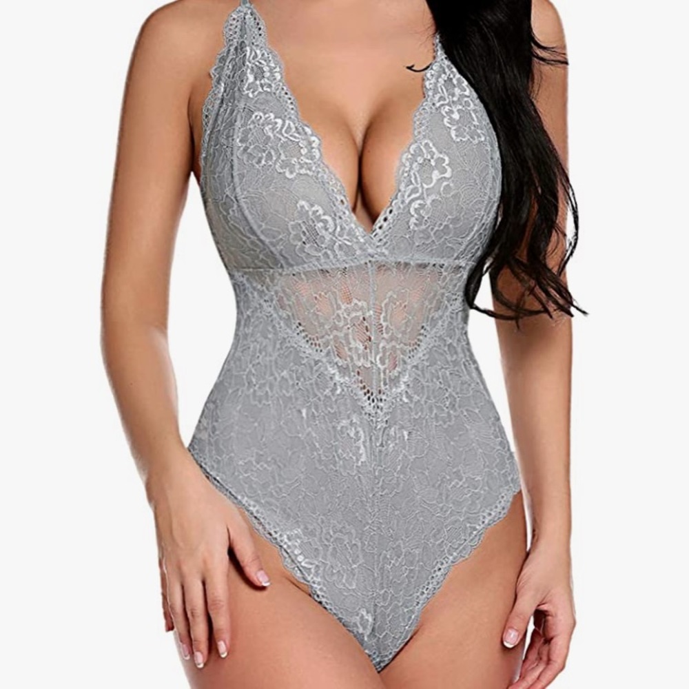Lace bodysuit top sexy gray